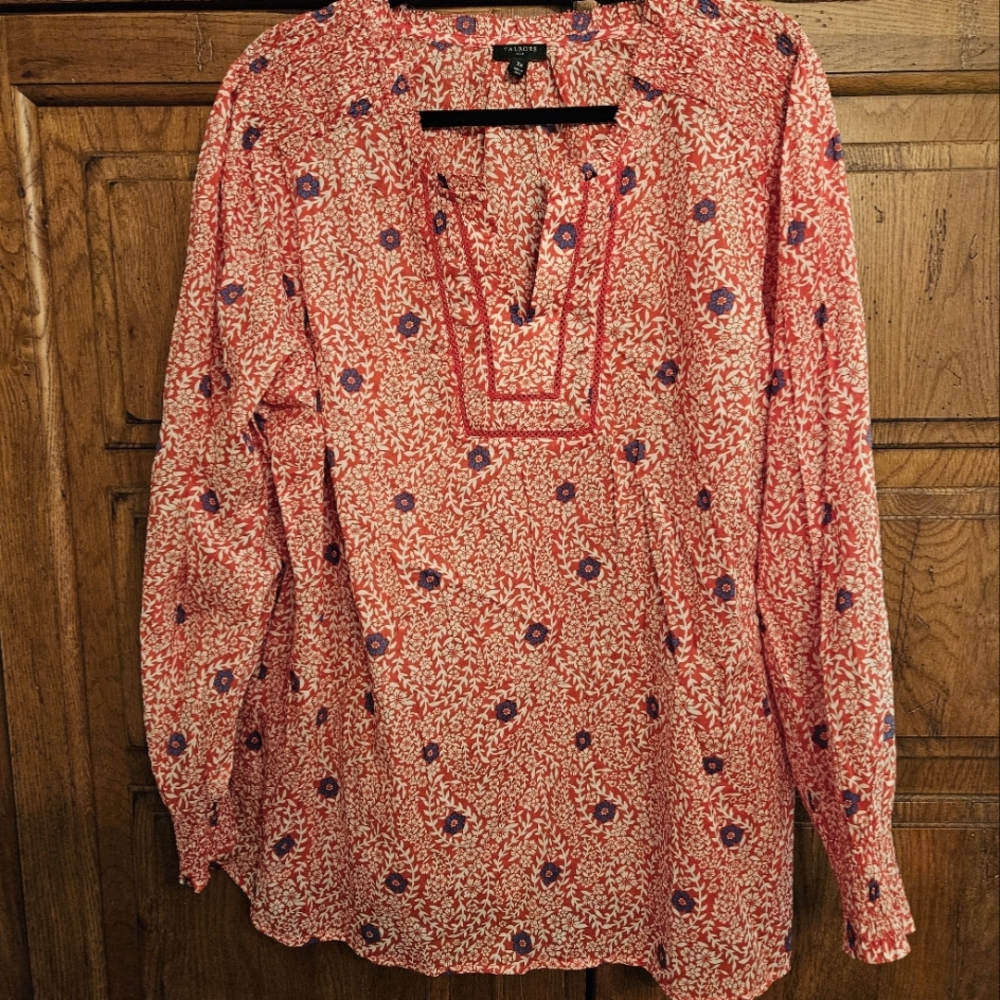 Talbot red, white, and blue shirt.